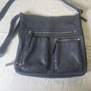 INC Riverton Navy Faux Leather Large Crossbody Messenger Bag Multi Pocket